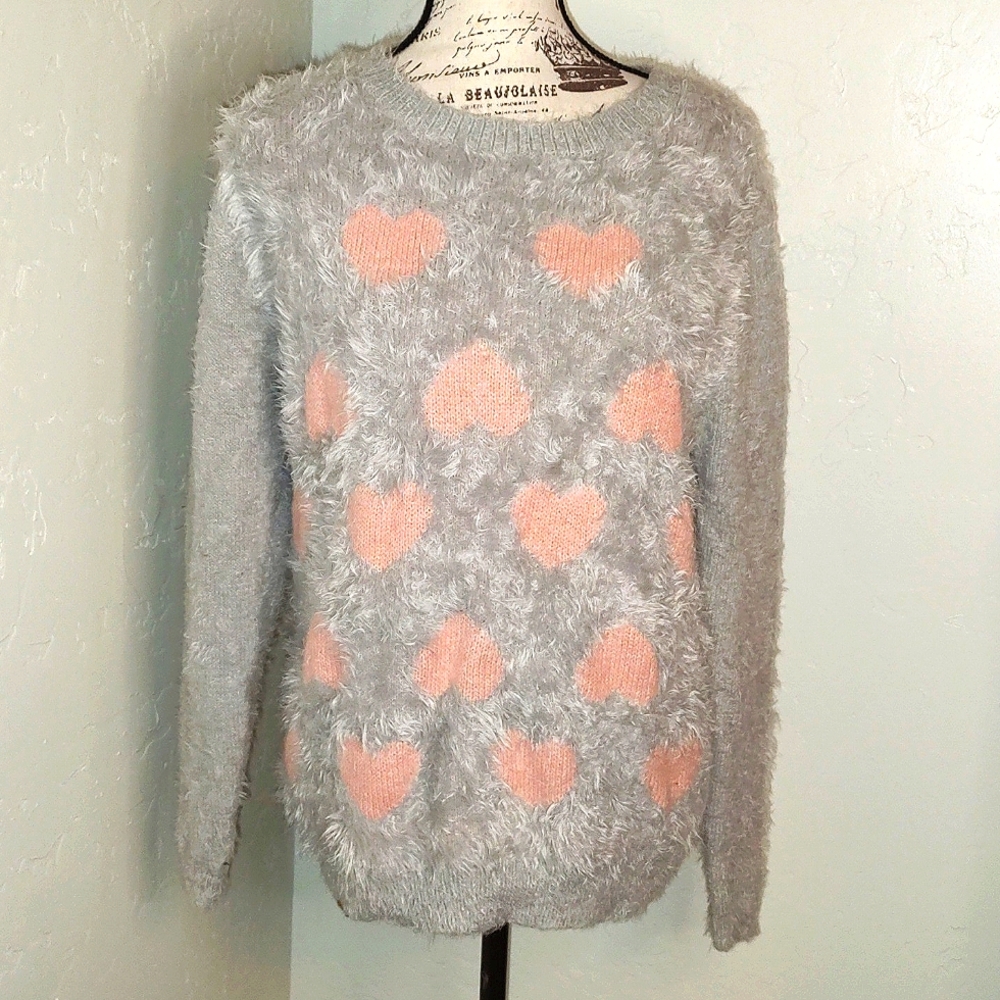 Maddison Candy Pink & Soft Gray Heart Sweater Warm Cozy SZ: Large